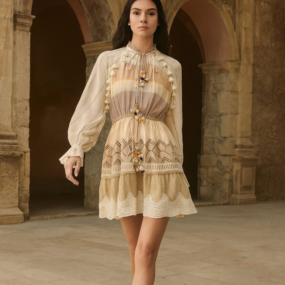 Hemant & Nandita Embroidered Mini Dress with Eyelet Detail and Tassels SZ L - Picture 1 of 5
